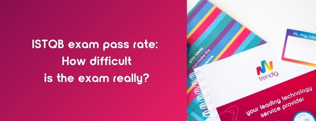 Pink background with text: "ISTQB exam pass rate: How difficult is the exam?" with trendig notebooks.